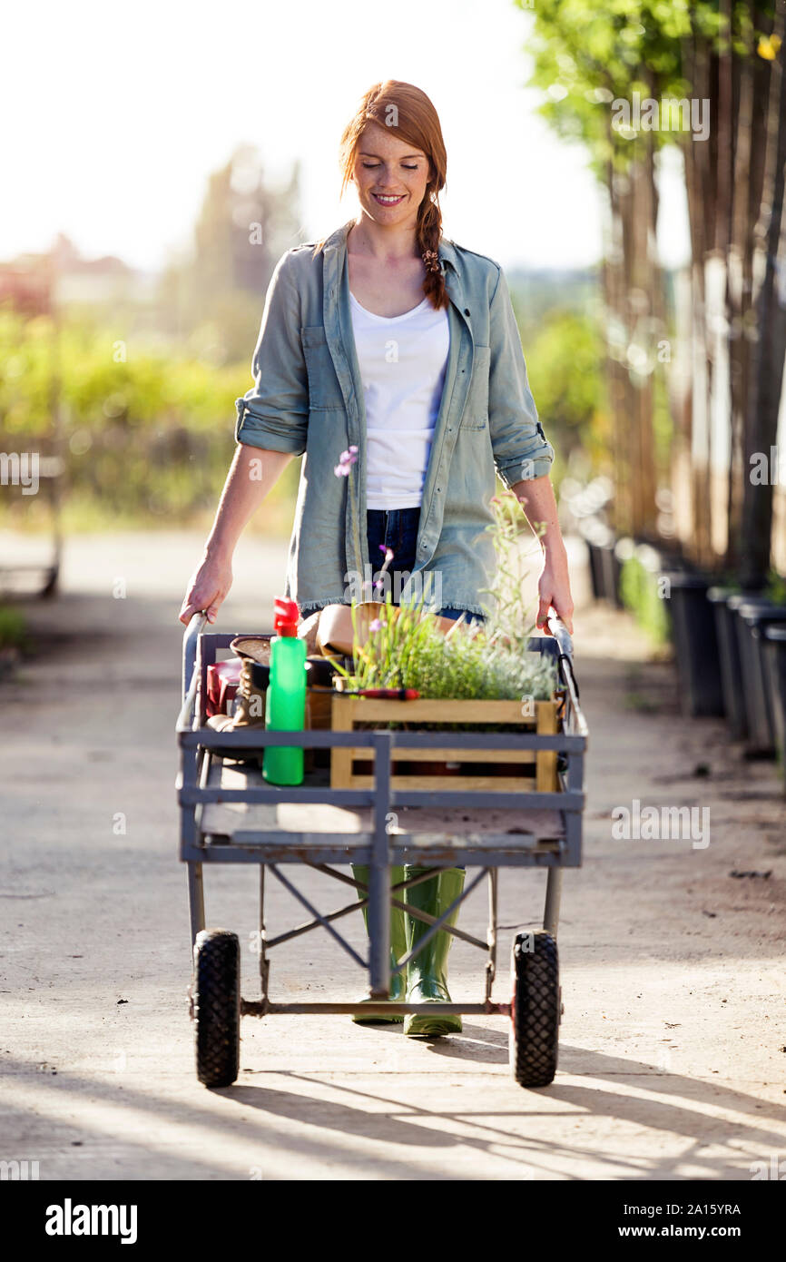 Beautiful woman transporting plants with a wheelbarrow in the greenhouse Stock Photo