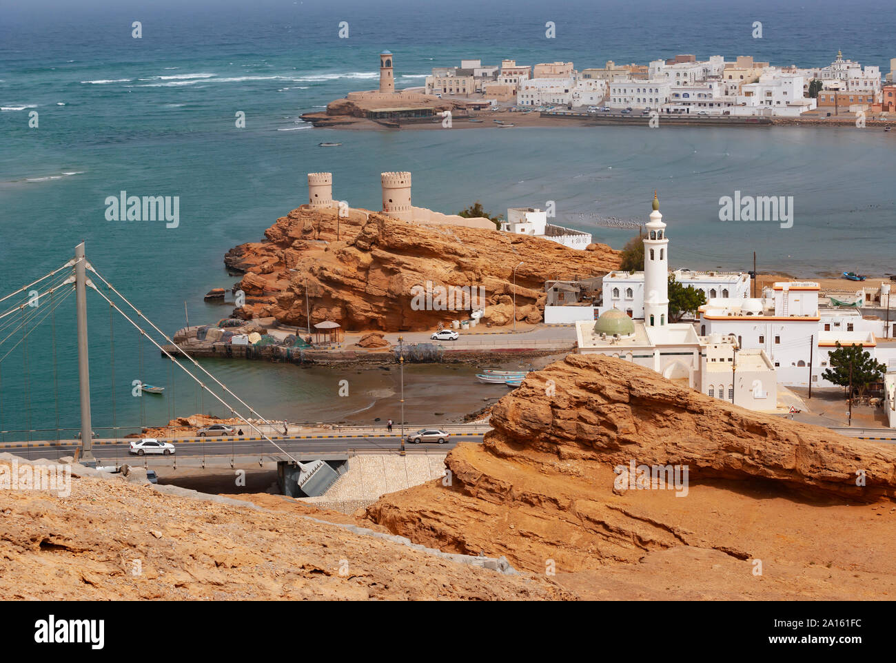 Sur Lighthouse and towers, Coastal town Sur, Oman Stock Photo