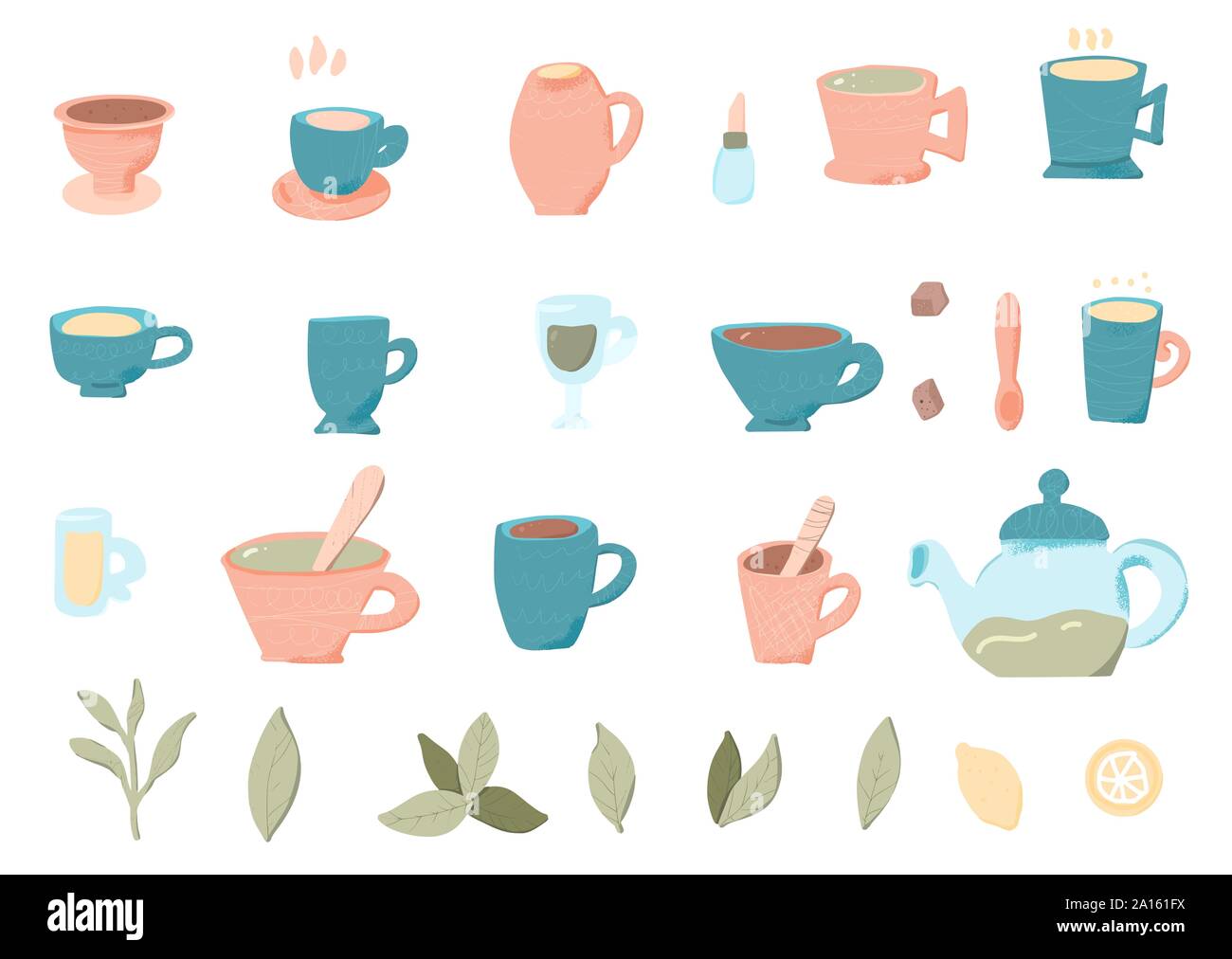 Tea set. Cups and kettele. Hot beverage stuff. Vector illustration. Stock Vector