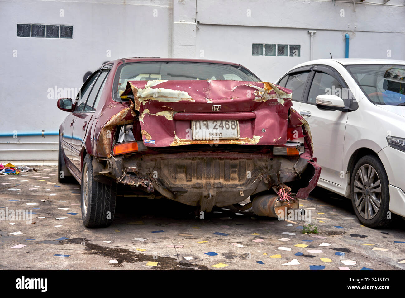 Car Accident, Severely damaged vehicle,  rear impact damage, Thailand, Southeast Asia Stock Photo