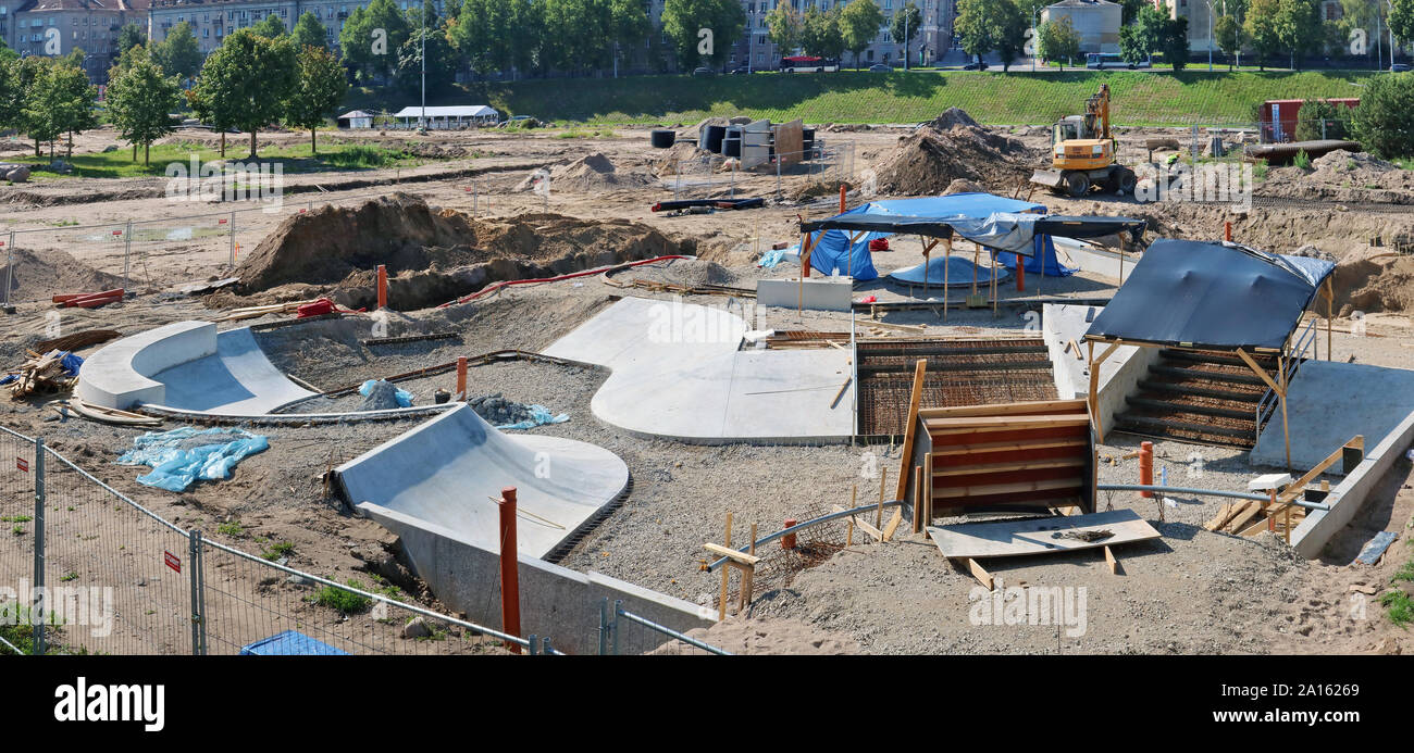 VILNIUS, LITHUANIA - AUGUST 17, 2019: Construction site of a new stadium and cycle track on the renovated embankment of the Neris River Stock Photo