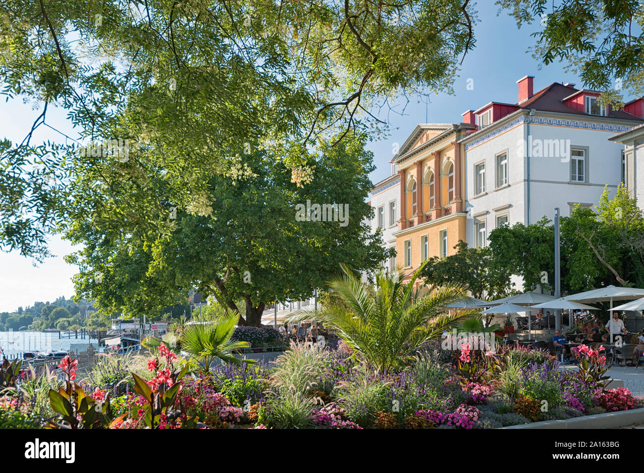 Germany, Baden-Wurttemberg, Promenade and restaurant by Lake Uberlingen - lower part of Lake Constance Stock Photo