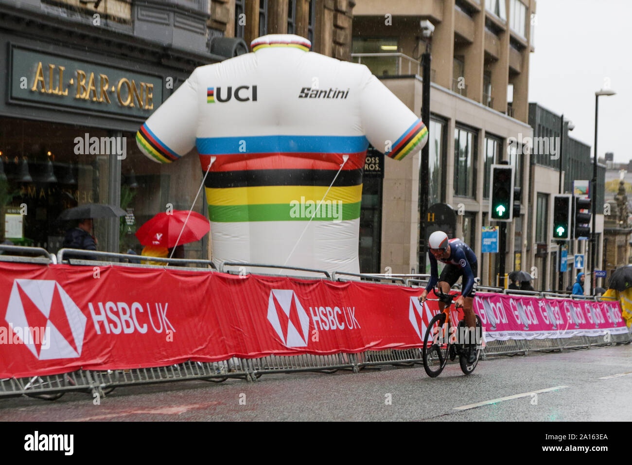 Harrogate UK. 24th September 2019. Brandon McNulty goes on to cross the line in 3rd to take bronze in the 2019 UCI Road World Championships Mens Under 23 Elite Individual Time Trial