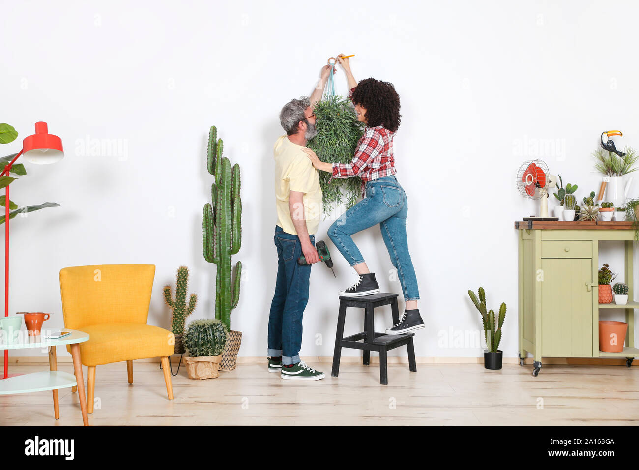 Couple hanging plant on the wall at home Stock Photo