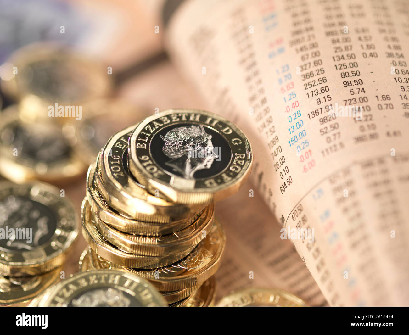 UK Finance and Economy, UK pound coins on a financial newspapers share price page Stock Photo