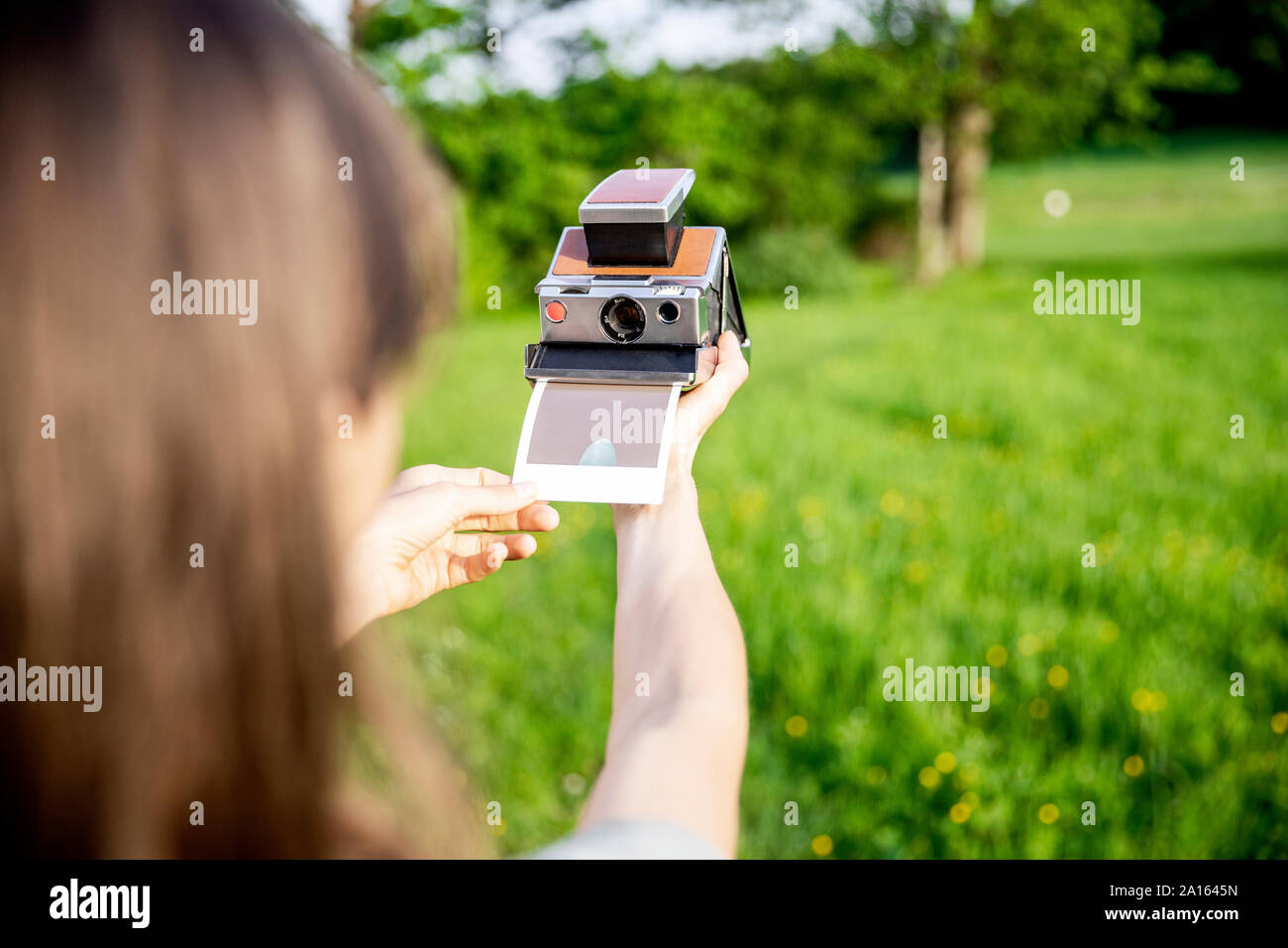 Close-up of woman taking instant photo on a meadow Stock Photo