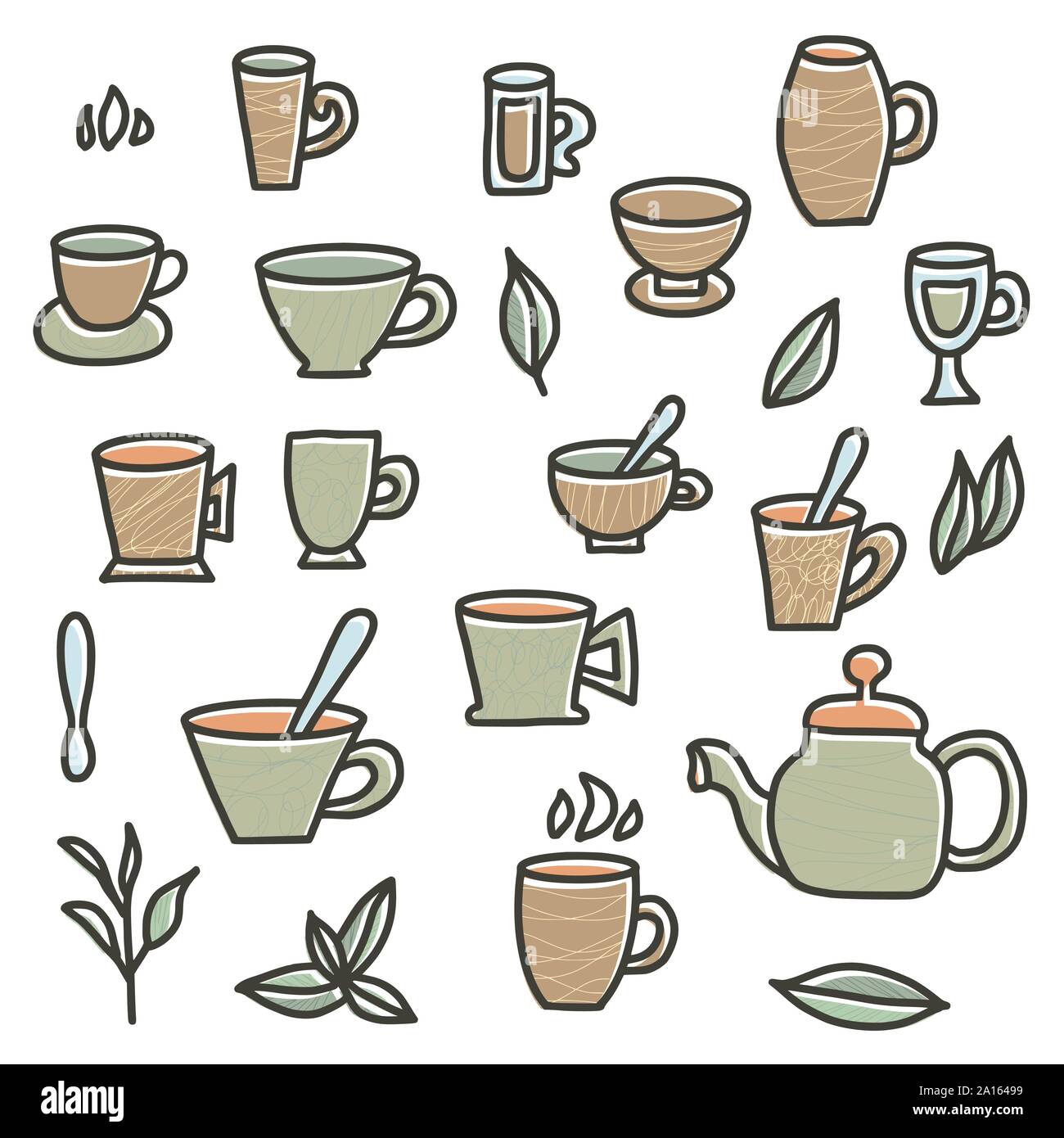 Tea set. Cups and kettele. Hot beverage stuff. Vector illustration. Stock Vector