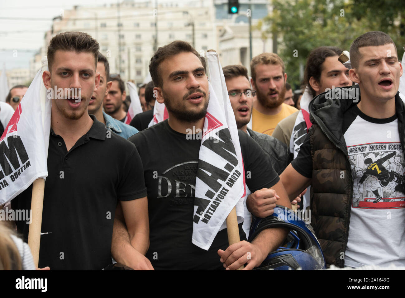 Athens, Greece. 24 September 2019. Strikers march holding banners and shouting slogans against austerity and amended labor laws. Thousands took to the streets participating in a 24 hour general strike organized by private and public sector unions, protesting against the government's policies on labor legislation. © Nikolas Georgiou / Alamy Live News Stock Photo