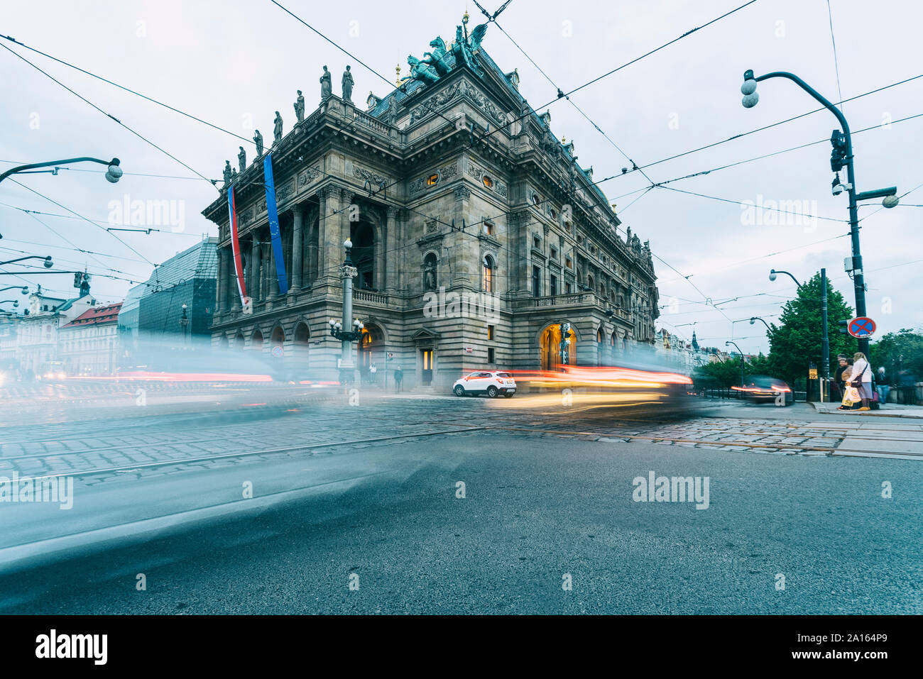 National theatre in the evening with light trails in the foreground, Prague, Czech Republic Stock Photo