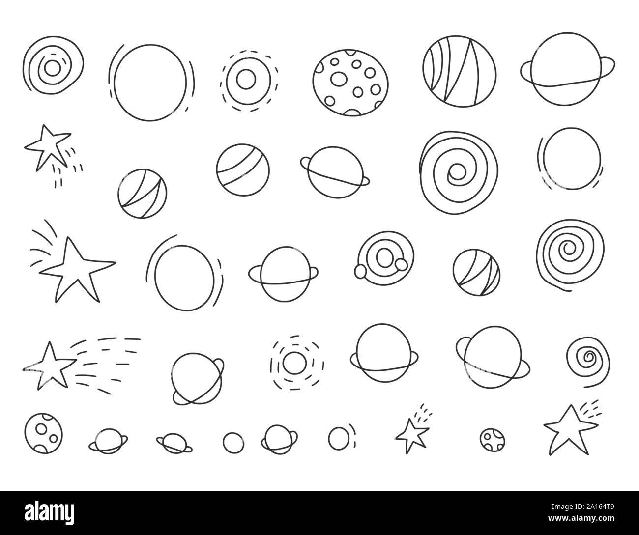 Vetor de Outer space vector objects and writings. Alien, ufo, planets,  comet, satellite, solar system, meteorite, stars, rocket and other space  icons. Cute, simple black outlined, hand drawn galaxy set. do Stock