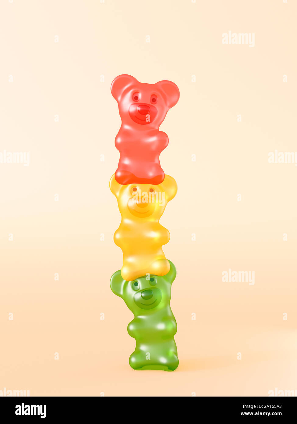 Rendering of three gummi bears on top of each other Stock Photo