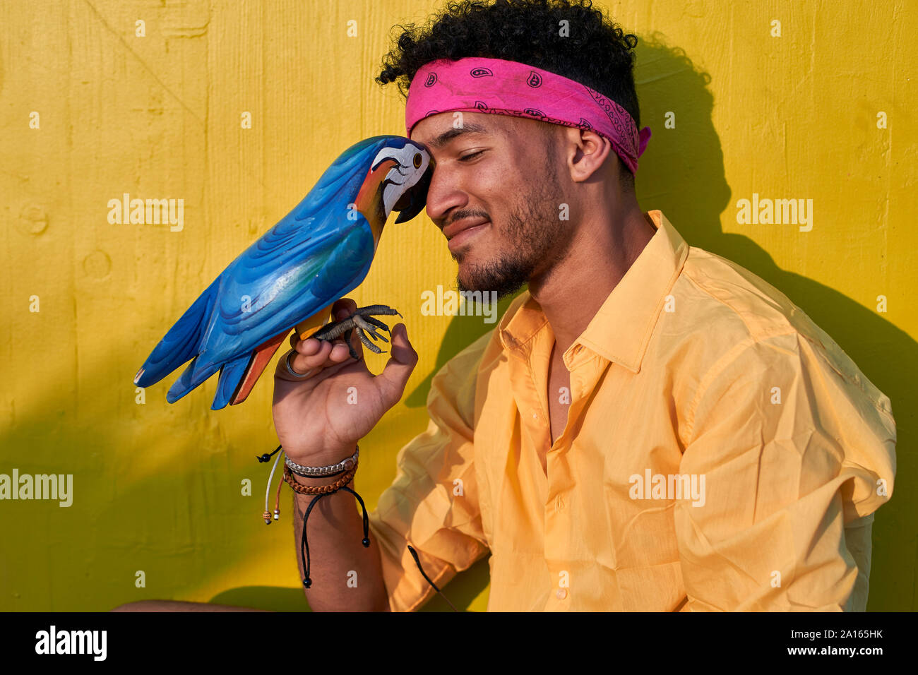 Young black man posing with a parrot in front of a yellow wall Stock Photo