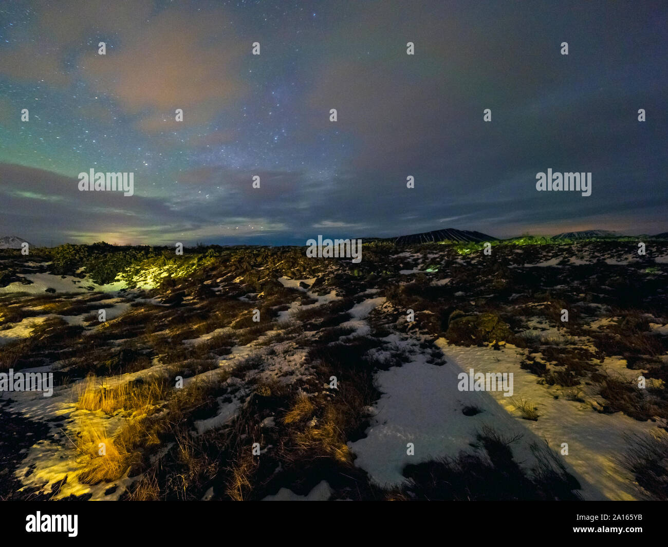 Iceland, Myvatn region at night with northern lights Stock Photo