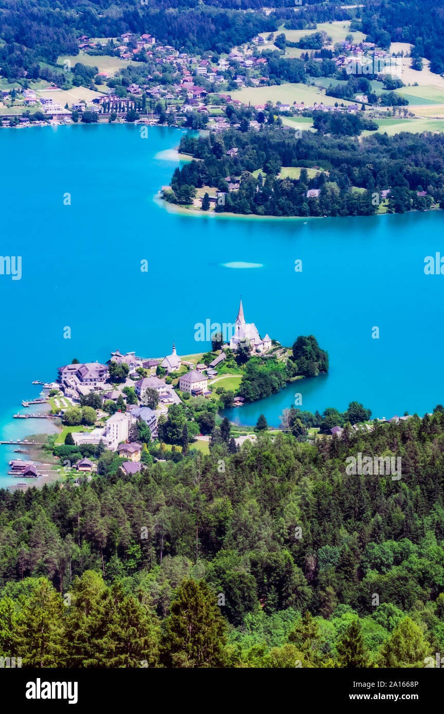 High angle view of lake and town from Pyramidenkogel tower at Woerthersee Stock Photo