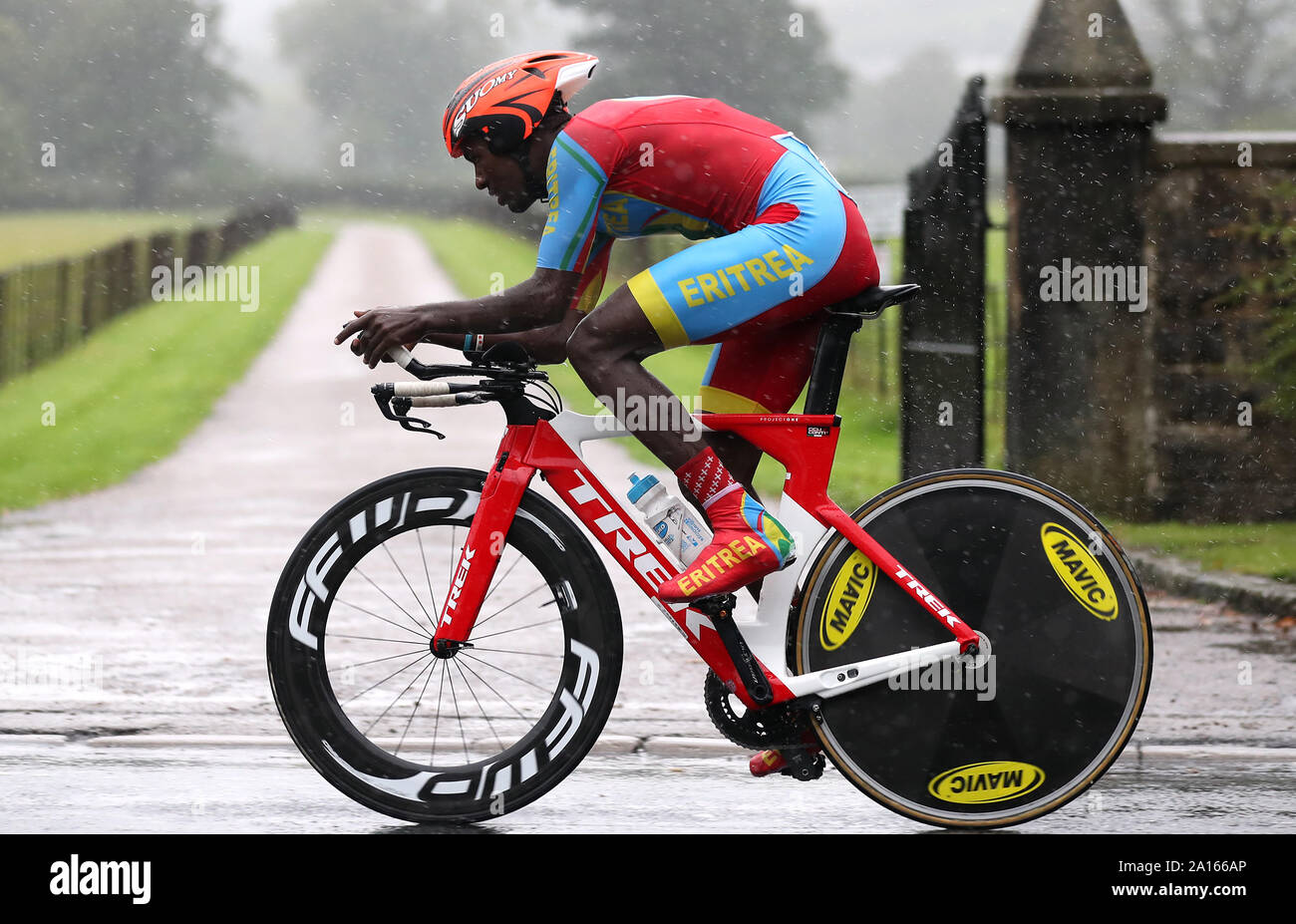 Eritrea's Daniel Habtemichael during the Men's U23 Individual Time Trial, Ripon to Harrogate. PA Photo. Picture date: Tuesday September 24, 2019. See PA story CYCLING World. Photo credit should read: Bradley Collyer/PA Wire. RESTRICTIONS: No use with unauthorised audio, video, data, fixture lists, club/league logos or 'live' services. Online in-match use limited to 120 images, no video emulation. No use in betting, games or single club/league/player publications. Stock Photo