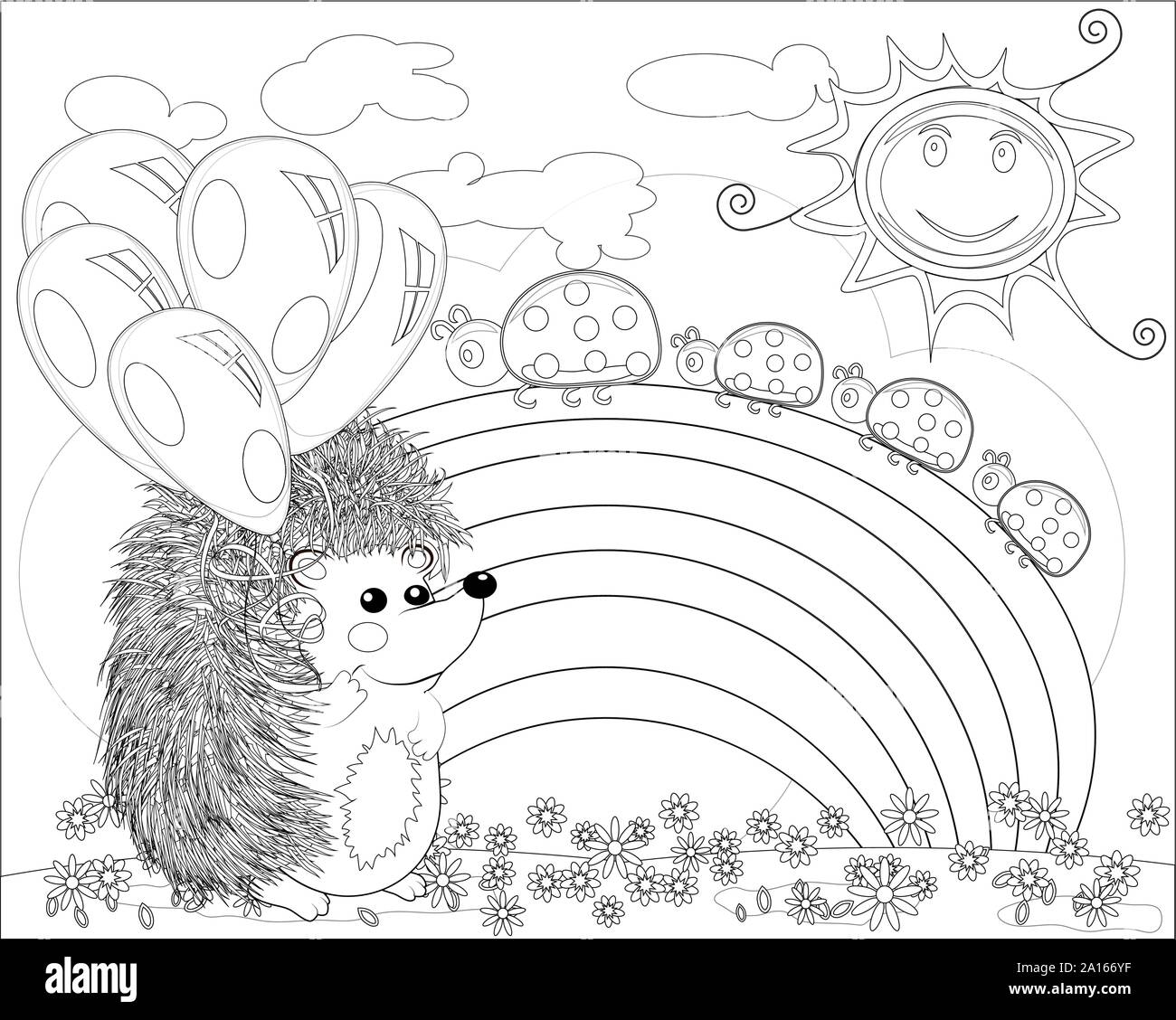 Coloring Page With Lovely Hedgehog With Balloons Near The Rainbow Coloring Book For Adult And Older Children Outline Drawing Stock Vector Image Art Alamy