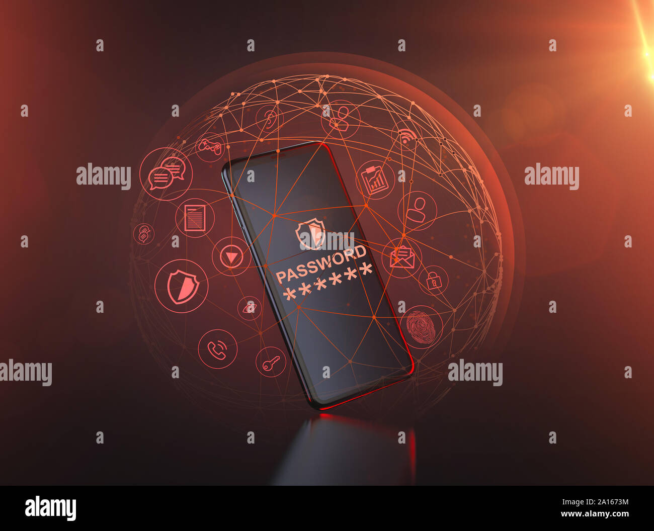 Smartphone surrounded by red nodes and protective force field. Attempted hacker attack - cyber security concept. 3D rendering Stock Photo