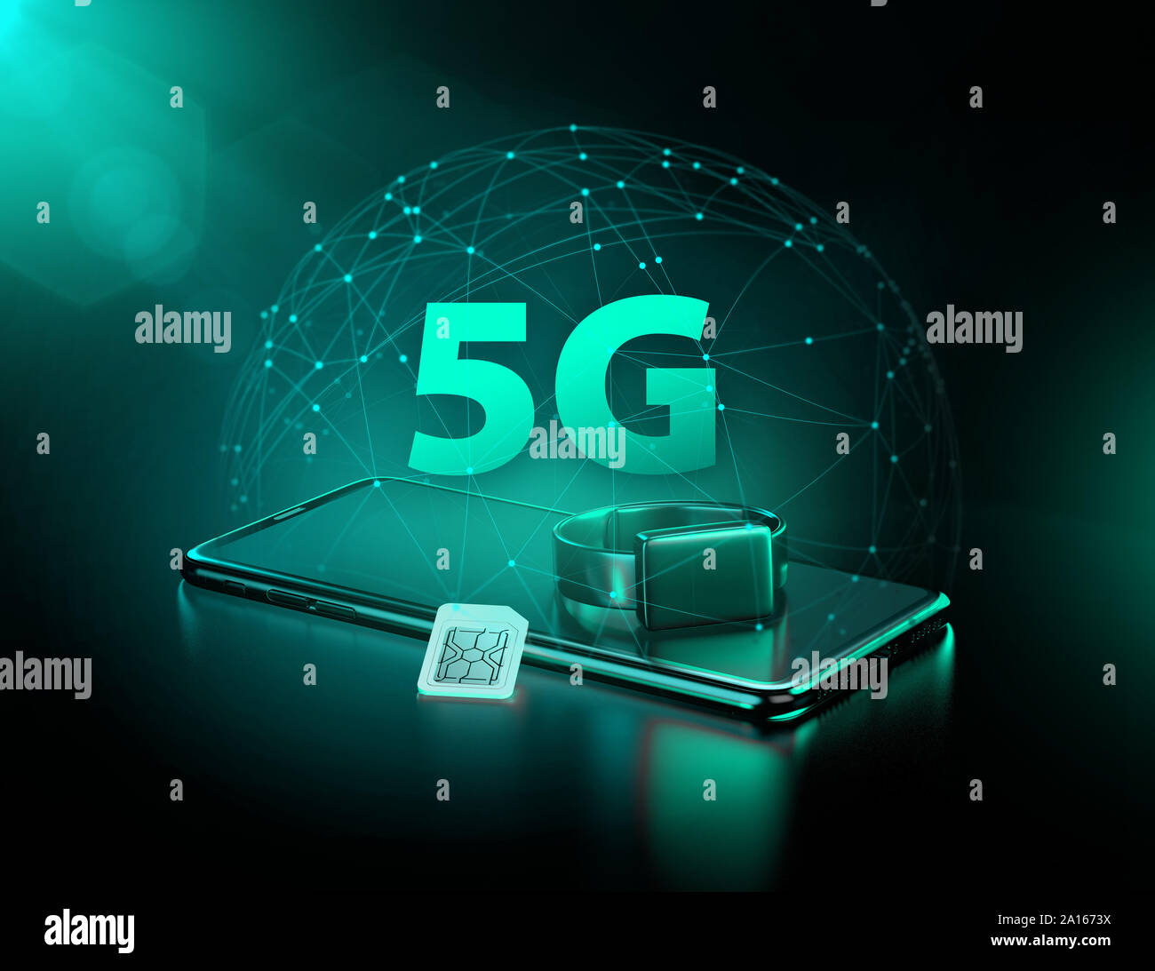 5G technology benefits in your smart devices and wearables. Future of fast data transfers. 3d rendering Stock Photo
