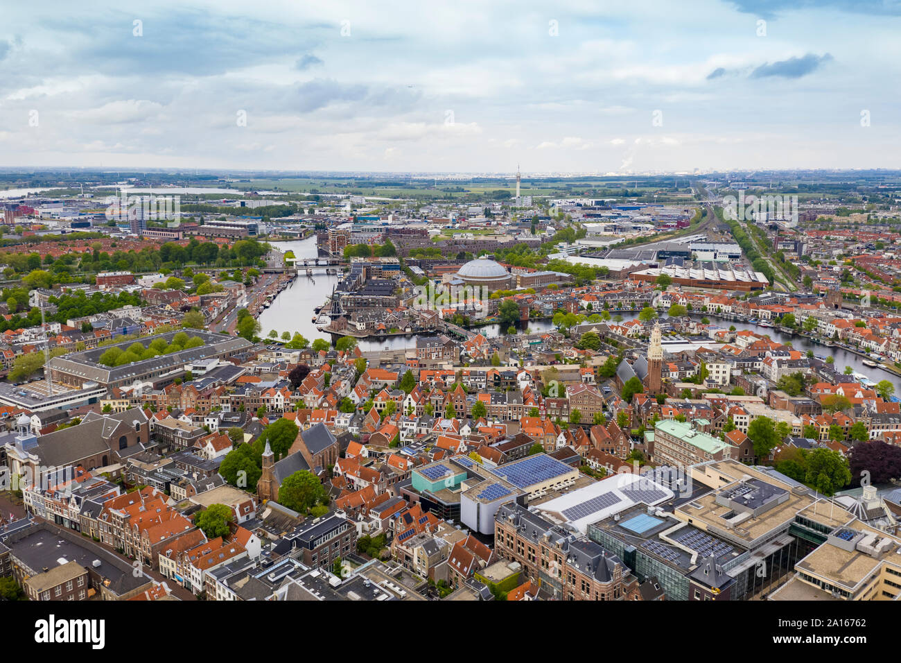 Aerial view of Haarlem city against cloudy sky Stock Photo