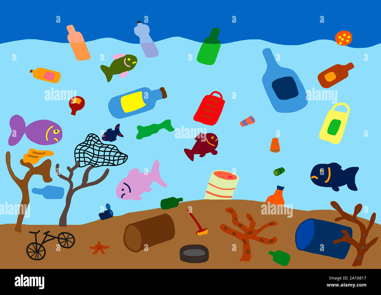Child's drawing of waste in the sea Stock Photo Alamy