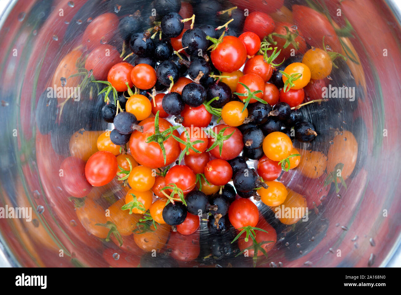 Jostaberries and tomatoes in a glass Stock Photo