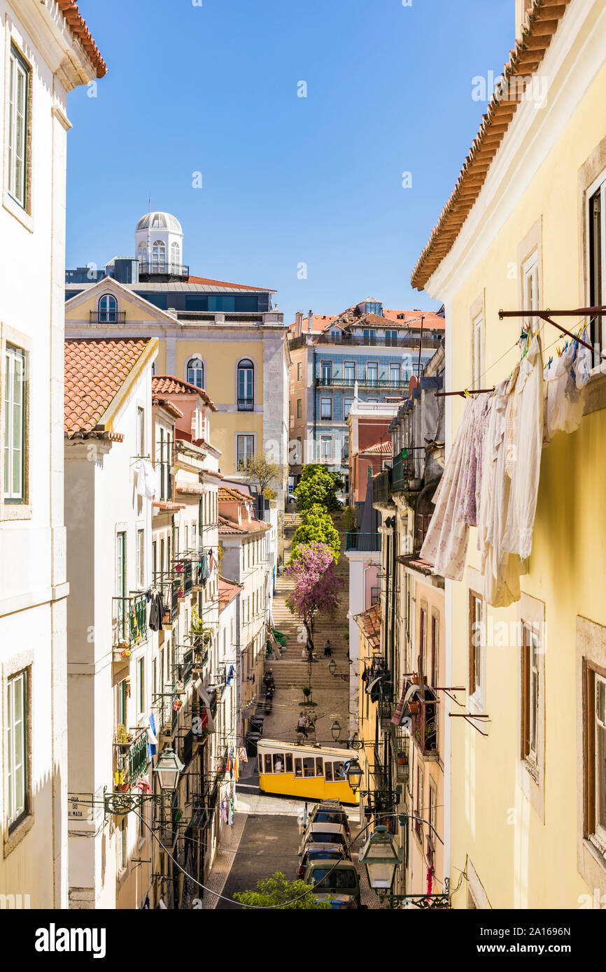Portugal, Lisbon, Buildings and Bica Funicular in Bairro Alto Stock Photo