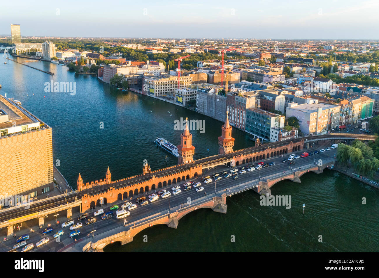 High angle view of Oberbaumbruecke bridge over river against sky Stock Photo
