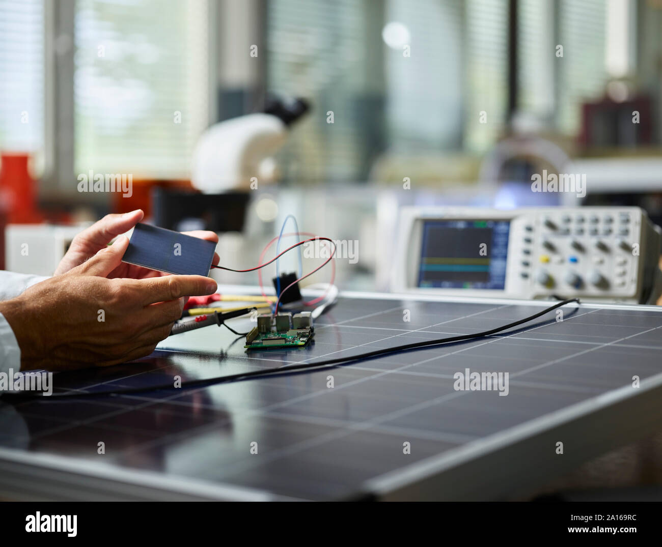 Technician holding silicon solar cell on solar panel Stock Photo