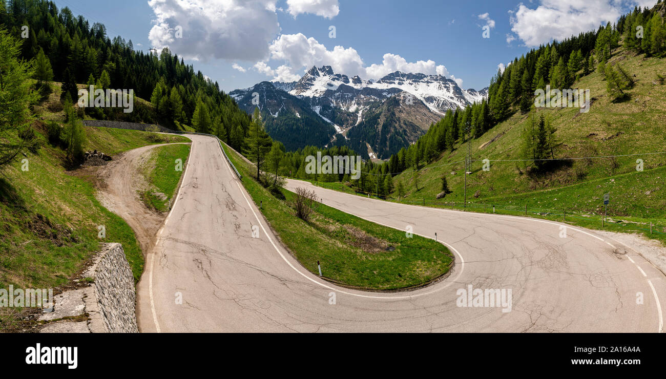 Winding mountain road, Campolongo Pass, Alto Adige, Italy Stock Photo