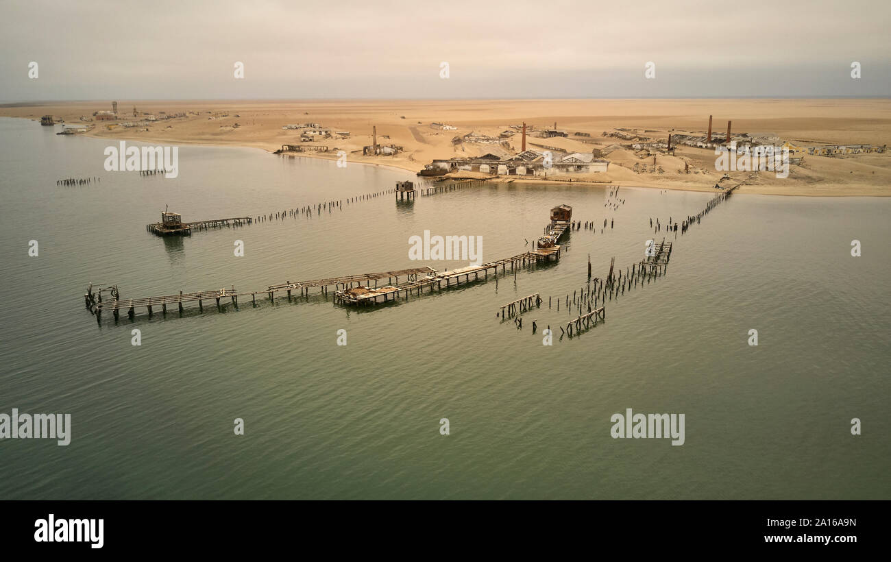 Aerial view of Tigres Island, weathered boardwalks, former whaling, Angola Stock Photo