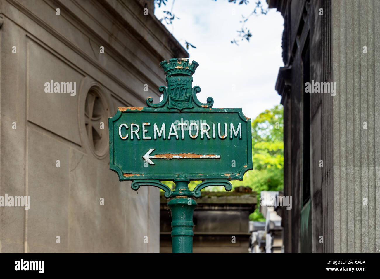 Crematorium sign in Pere Lachaise Cemetery - Paris, France Stock Photo