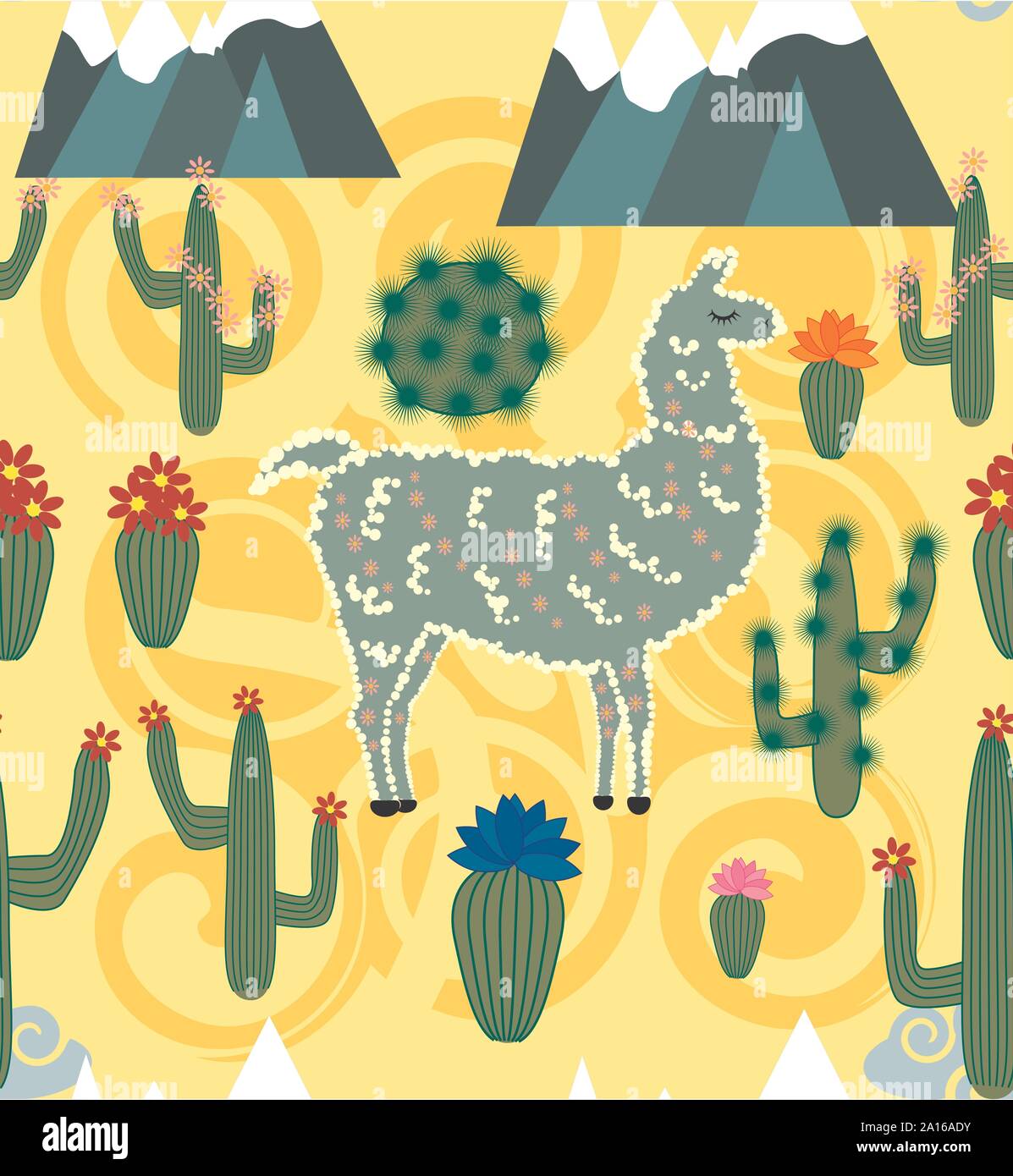 seamless pattern with cute cartoon llama alpaca with cactus and design ...