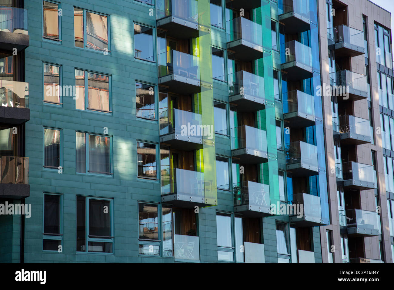 Glass balconies on exterior of new apartment building. Oslo, Norway ... - Apartments With Glass Walls And High Ceilings In Norway