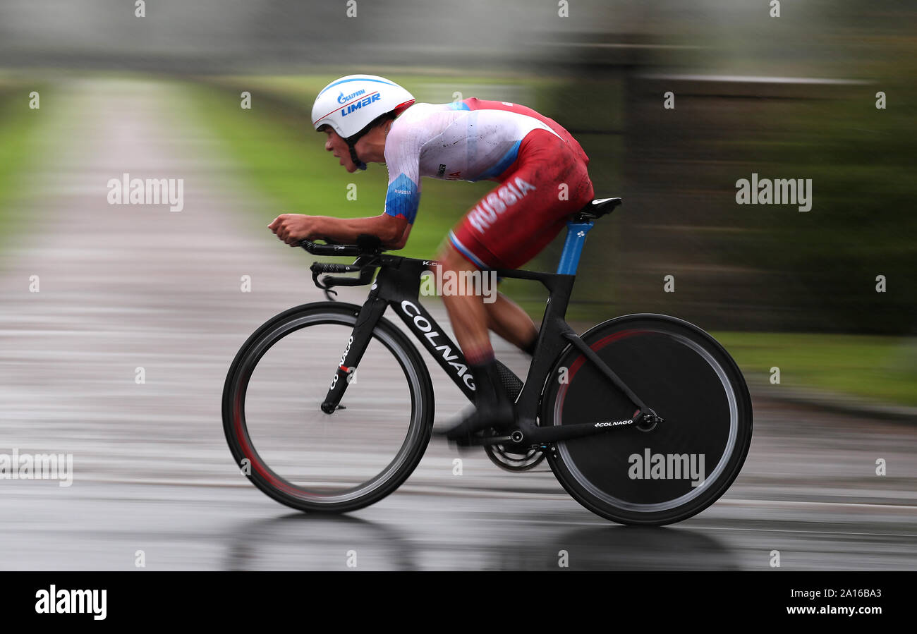 Russia's Petr Rikunov during the Men's U23 Individual Time Trial, Ripon to Harrogate. PA Photo. Picture date: Tuesday September 24, 2019. See PA story CYCLING World. Photo credit should read: Bradley Collyer/PA Wire. RESTRICTIONS: No use with unauthorised audio, video, data, fixture lists, club/league logos or 'live' services. Online in-match use limited to 120 images, no video emulation. No use in betting, games or single club/league/player publications. Stock Photo