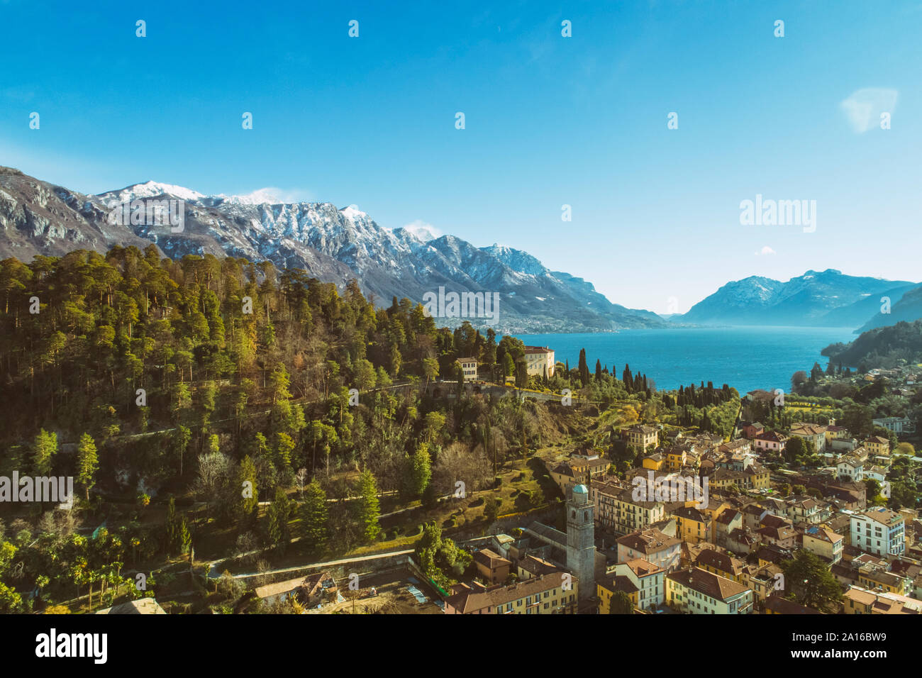 Aerial view of Bellagio on Lake Como with the Alps in the background, Italy Stock Photo