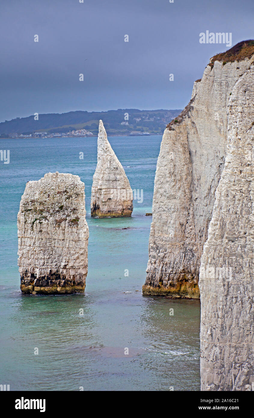 Old Harry Rocks three chalk formations, including a stack and a stump,  Handfast Point, Isle of Purbeck, Dorset, southern England Stock Photo