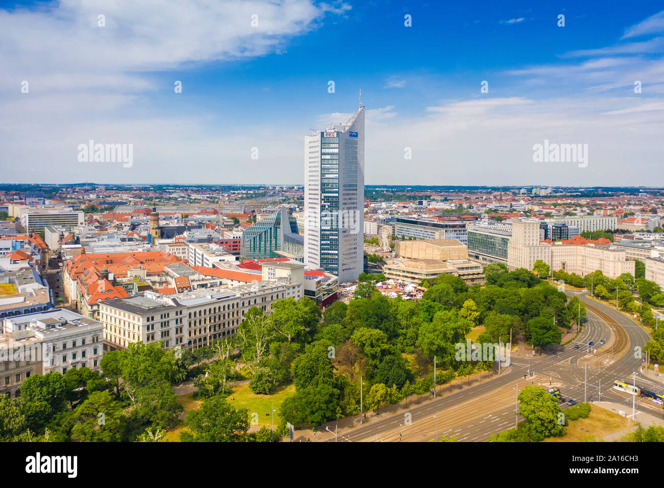 High angle view of City-Hochhaus in Leipzig cityscape against cloudy sky Stock Photo