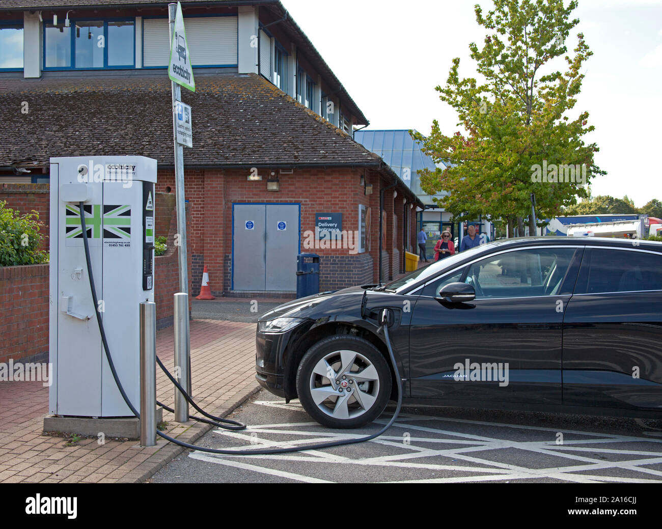Electric charging point for Jaguar electric car, motorway service