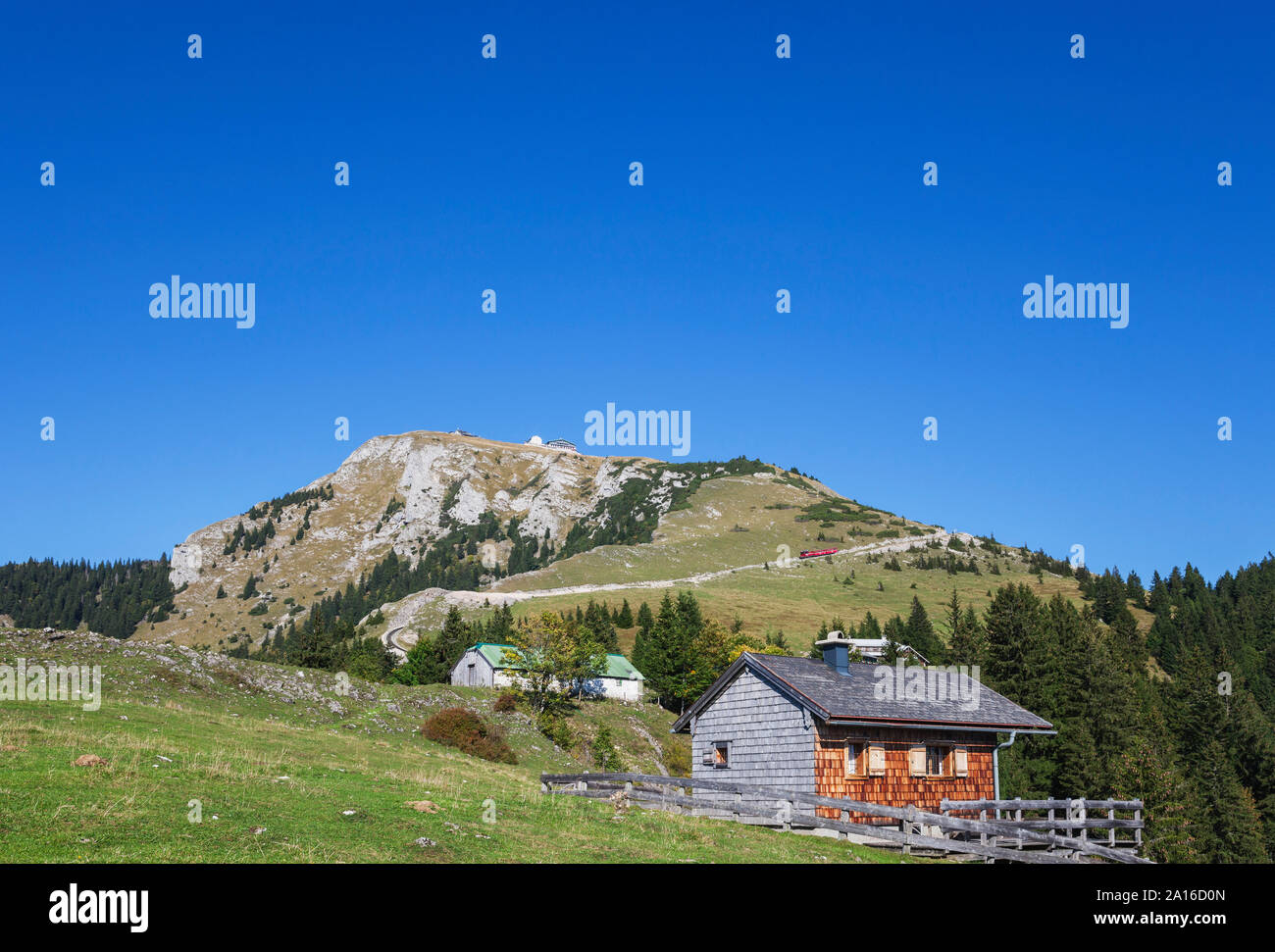 Low angle view of Schafberg Railway on Himmelspforte Schafberg against clear blue sky Stock Photo