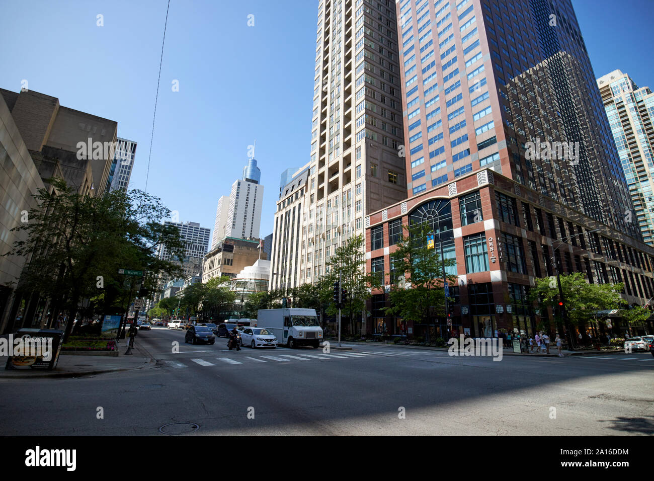 magnificent mile north michigan avenue junction with huron street at the omni hotel downtown chicago illinois united states of america Stock Photo