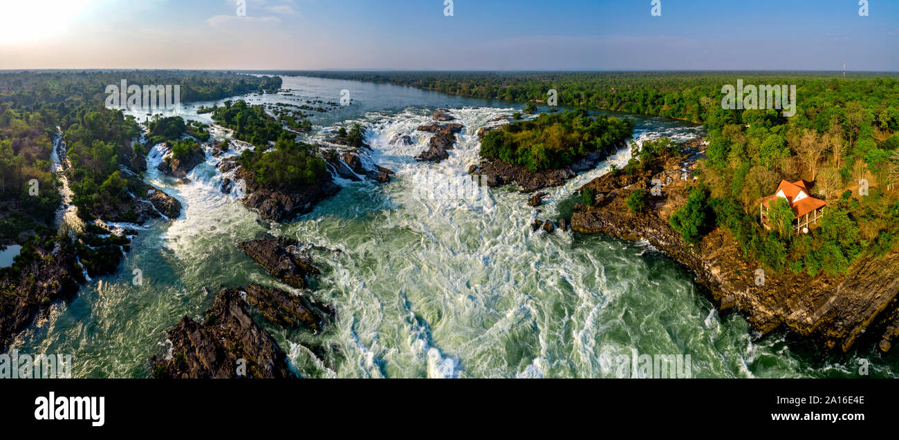 Li Phi waterfall in Laos, Tat Somphamit, don khone, si phan don on four thousand islands in Laos. Landscape of nature in south east asia during summer Stock Photo