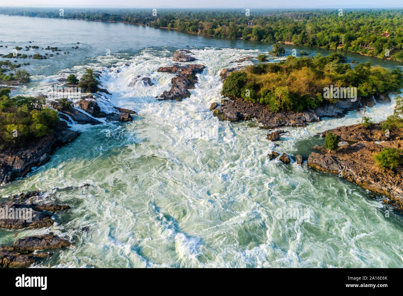 Li Phi waterfall in Laos, Tat Somphamit, don khone, si phan don on four thousand islands in Laos. Landscape of nature in south east asia during summer Stock Photo