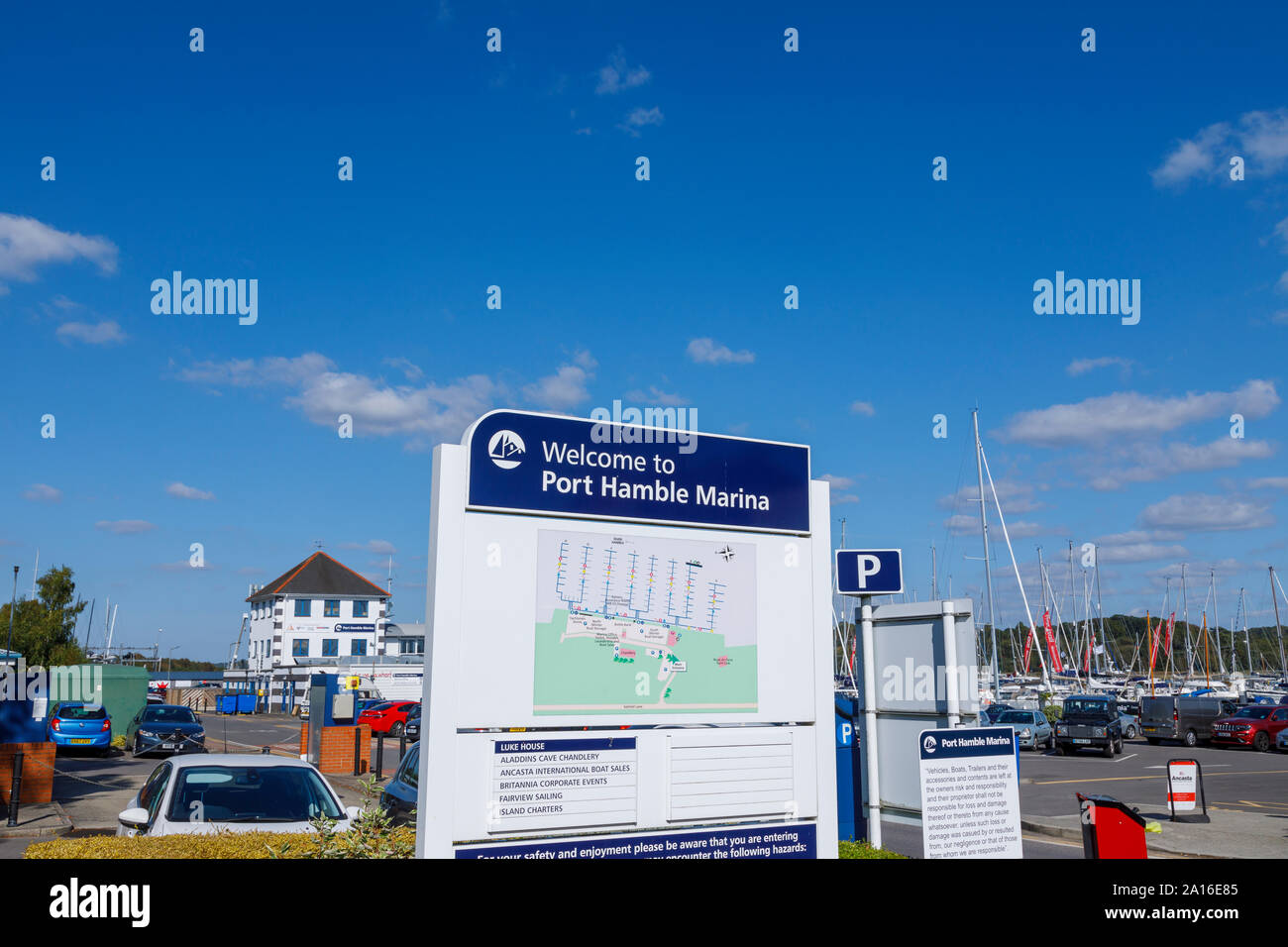 Welcome sign at the entrance to Port Hamble marina, Hamble-le-Rice, a River Hamble coastal village in the Solent, Hampshire, south coast England, UK Stock Photo