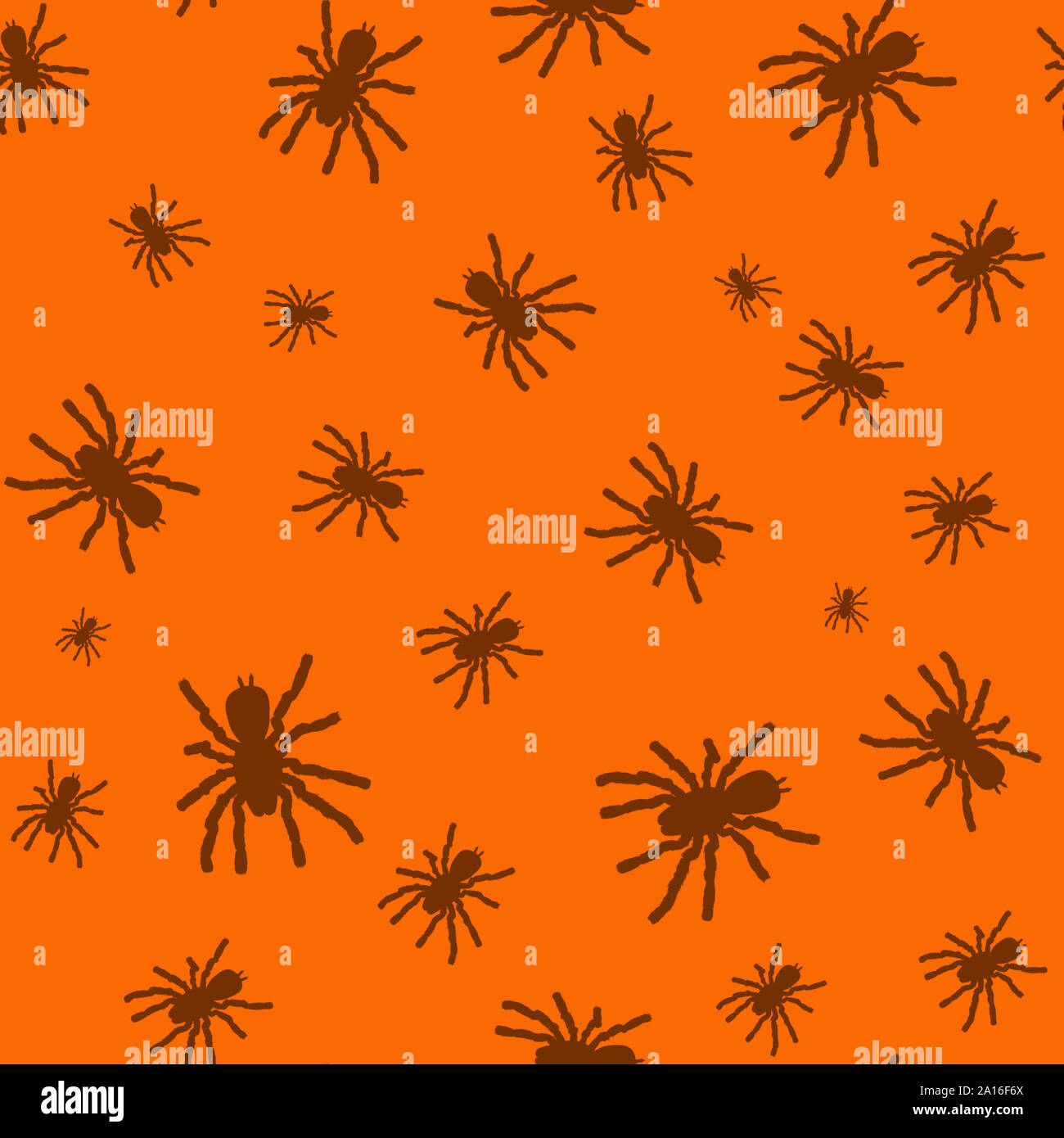 Seamless pattern with black silhouette of spider on orange background ...