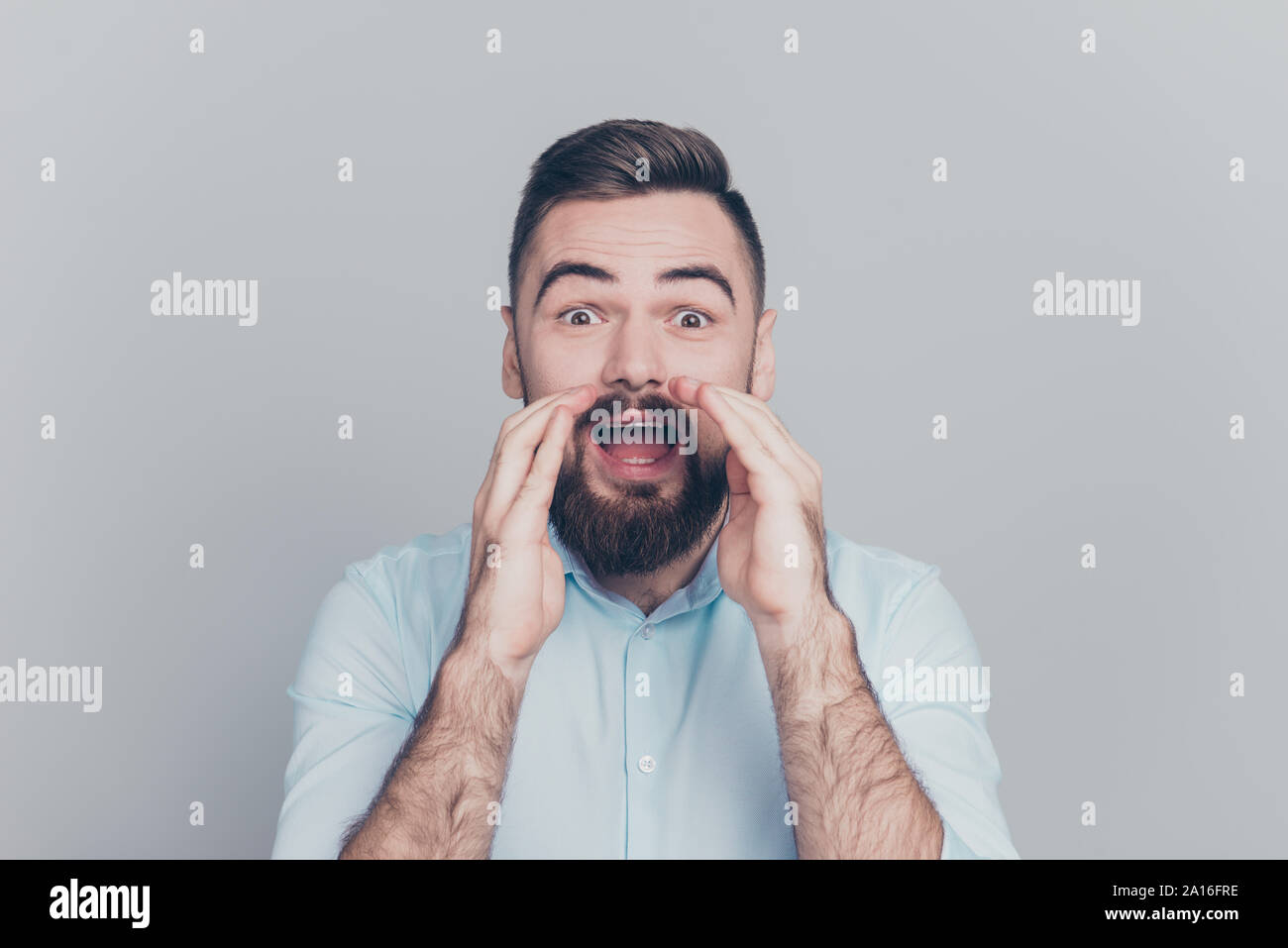 Close up studio photo portrait of glad handsome toothy beaming c Stock ...
