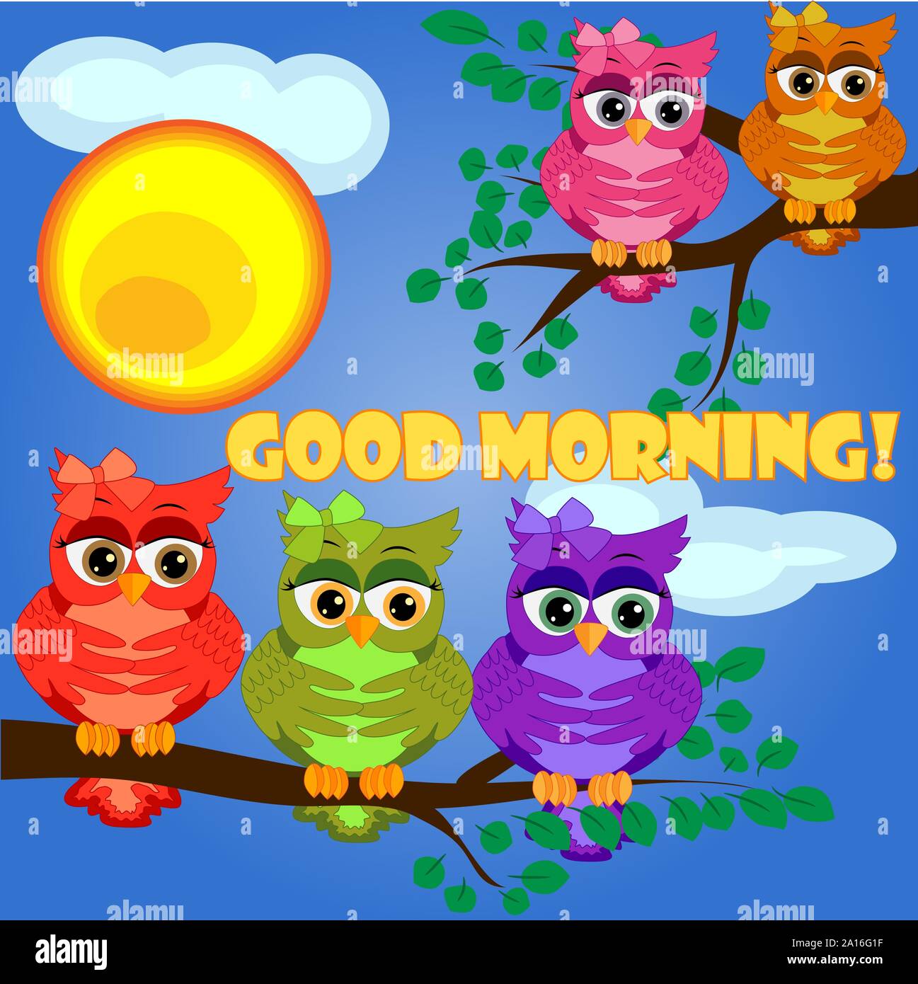 Cute coquettish owls with coffee sits on a tree. postcard, cartoon children's style, spring. Inscription Good morning. Stock Vector