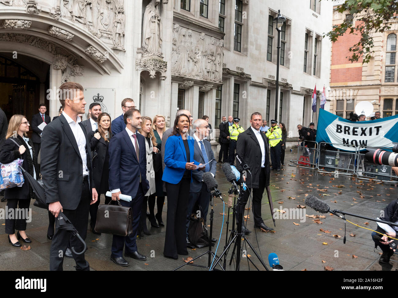 London, UK. 24th Sep, 2019. Businesswoman and Remain campaigner Gina Miller (C) makes a statement outside the Supreme Court building in London, Britain on Sept. 24, 2019. The British Supreme Court ruled on Tuesday that Prime Minister Boris Johnson's decision to suspend parliament for five weeks was illegal. Credit: Ray Tang/Xinhua Stock Photo