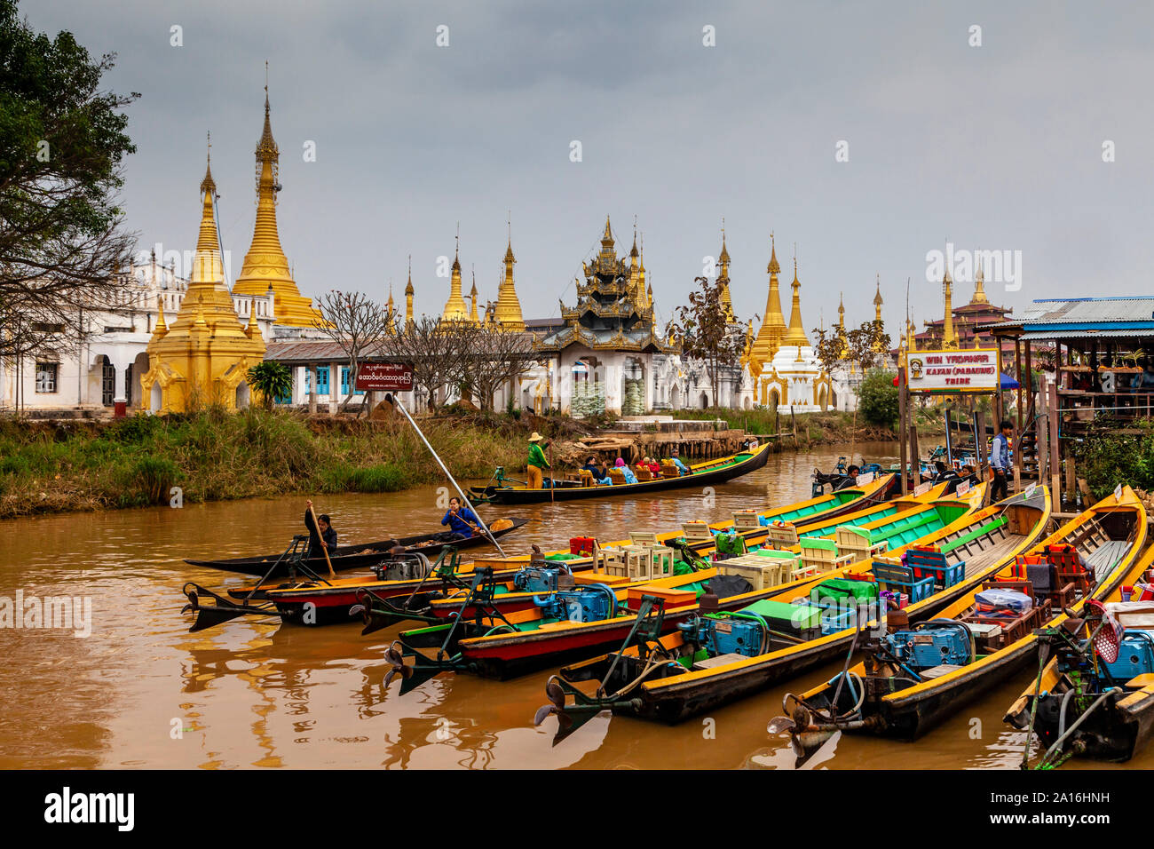 Tourist Boats Lined Up At Ywama Village On Market Day, Lake Inle, Shan State, Myanmar Stock Photo