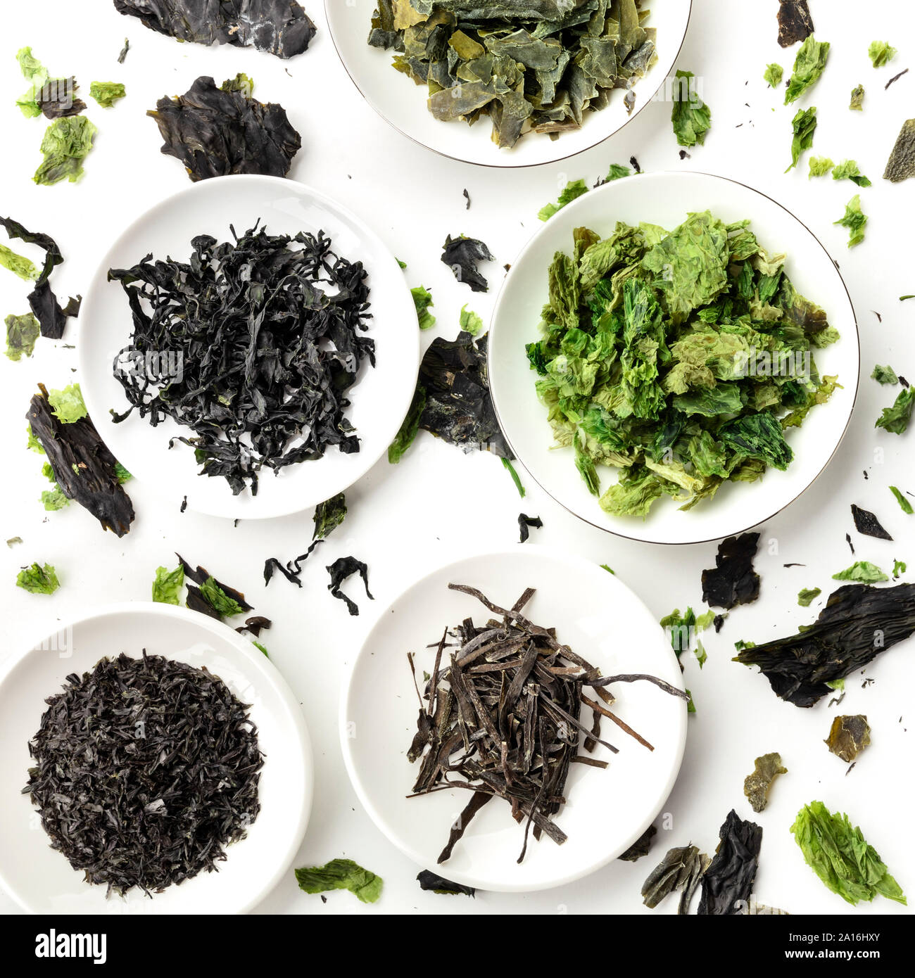 Dry seaweed, sea vegetables, overhead square shot on a white background Stock Photo