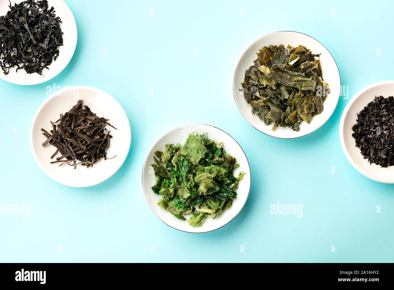 Various dry seaweed, sea vegetables, shot from above on a teal blue background with copy space Stock Photo